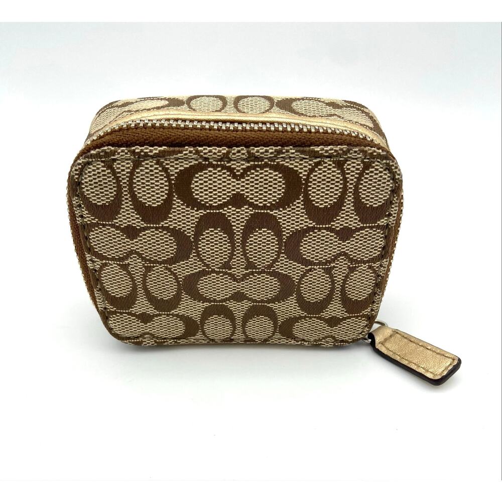 Coach Mini Pill Case Khaki Brown Signature C Travel Jewelry Container Canvas